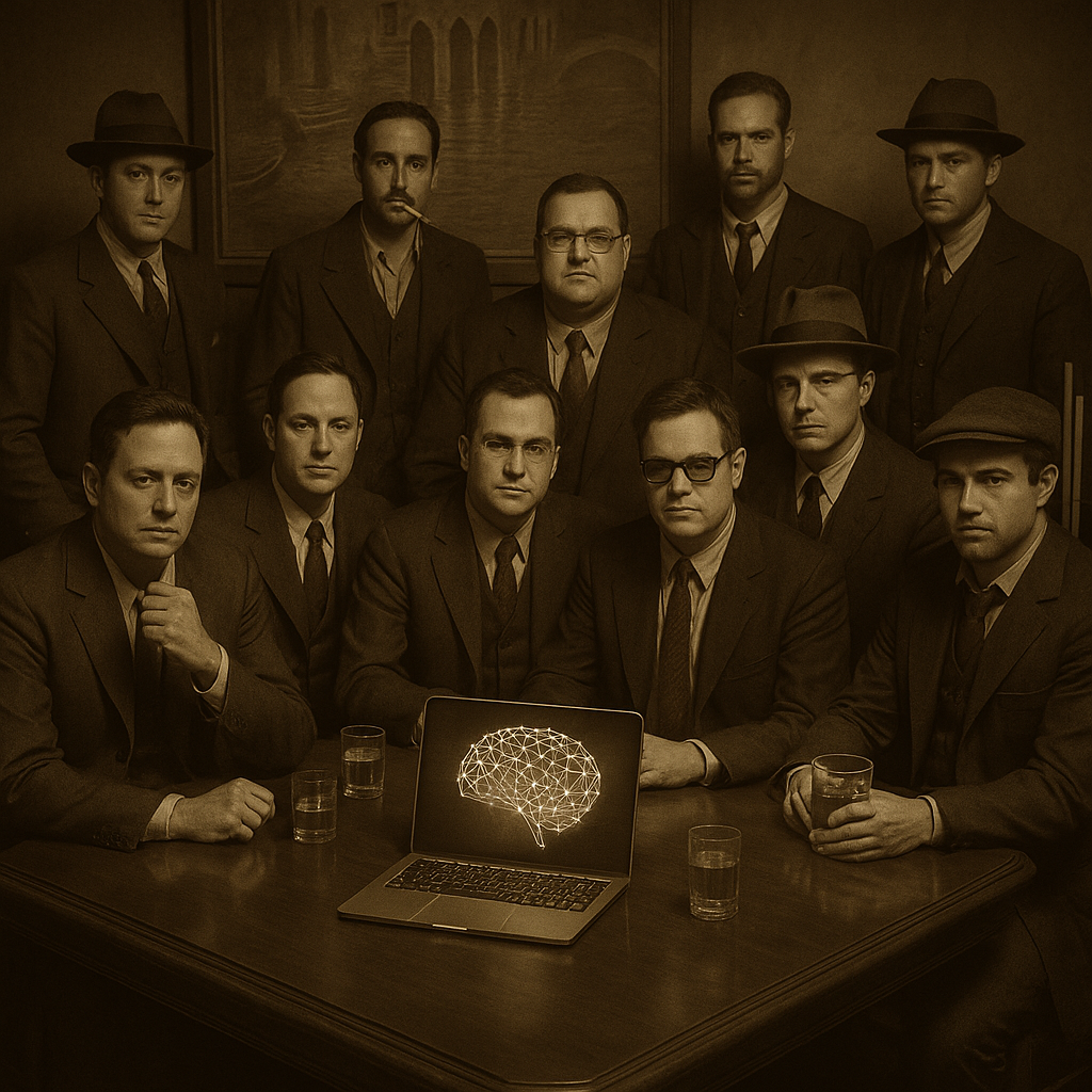 Stylized depiction of AI entities as mafia figures