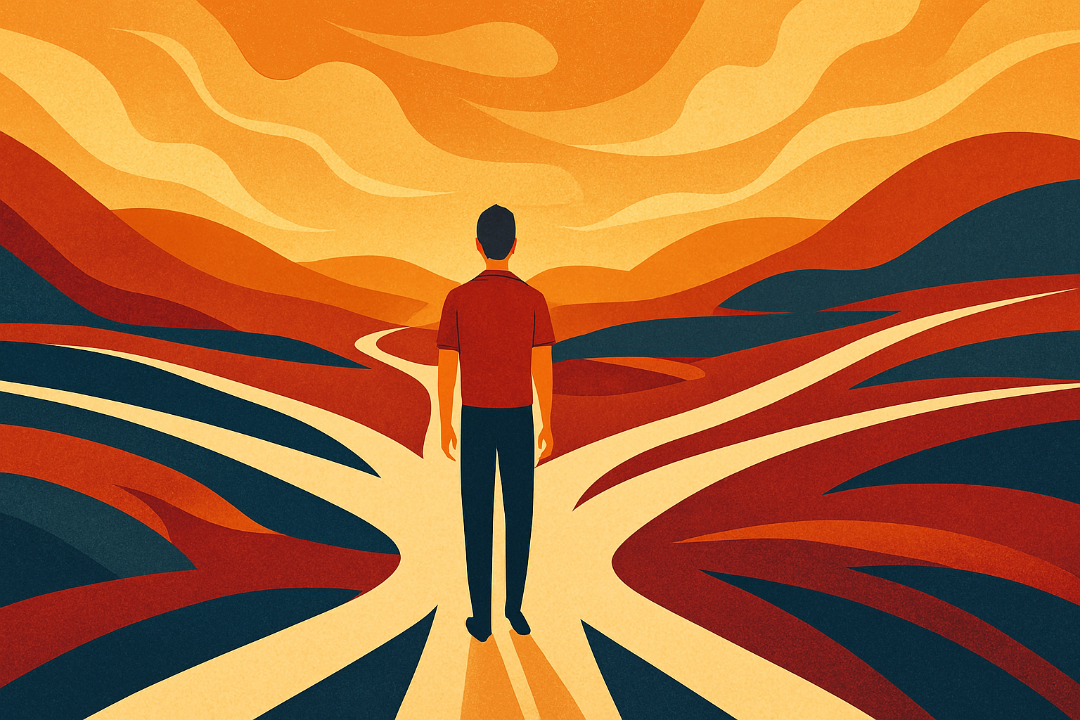 A person standing at a crossroads with multiple paths branching outward
