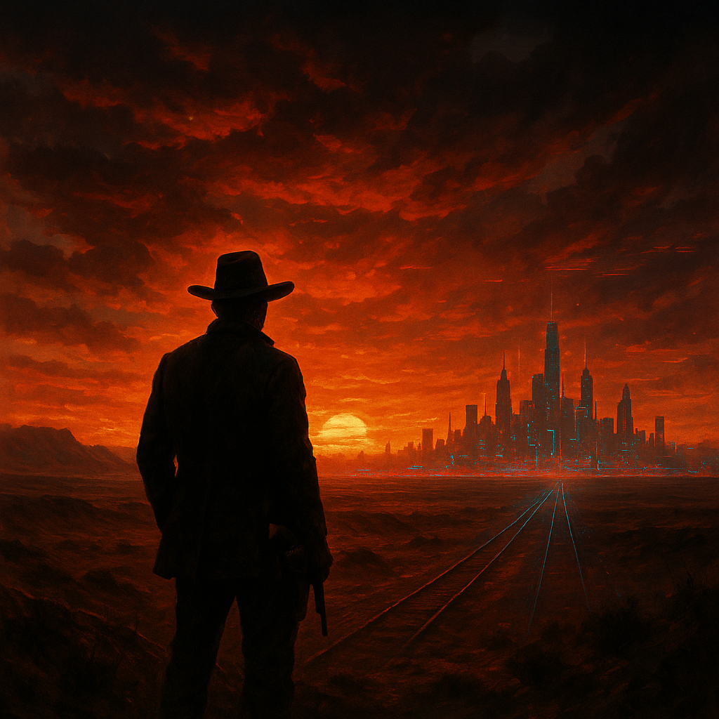 A lone cowboy gazing at a futuristic city skyline